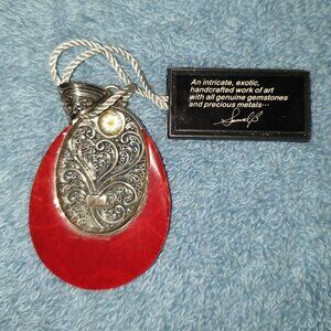 2’’ Vintage Samuel B. Red Coral & Citrine Sterling Silver Pendant
